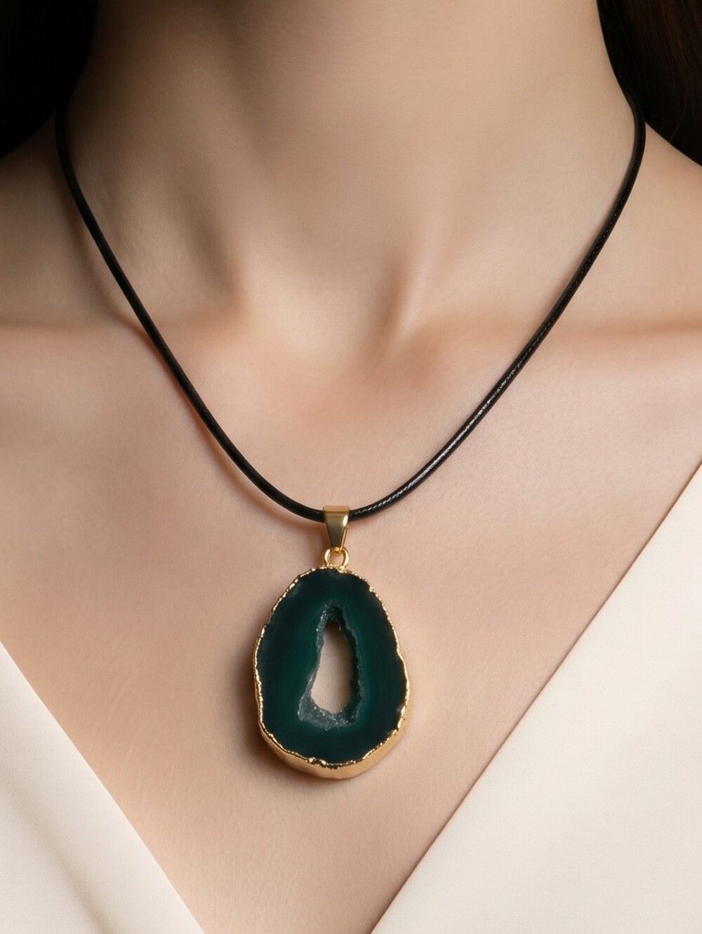 Emerald Green Druzy Agate Teardrop Necklace Geode Slice Gold Edge Pendant Earthy
